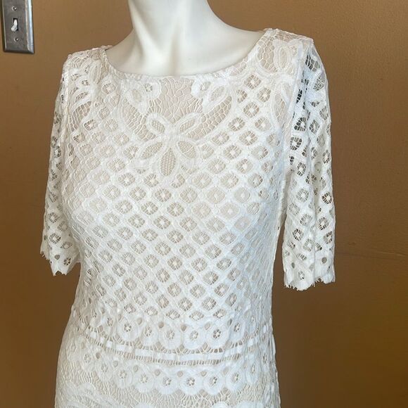 Maia Dress Womens 4 Off White Lace Sheer Lined Pencil Midi Cottagecore Feminine - Picture 4 of 14